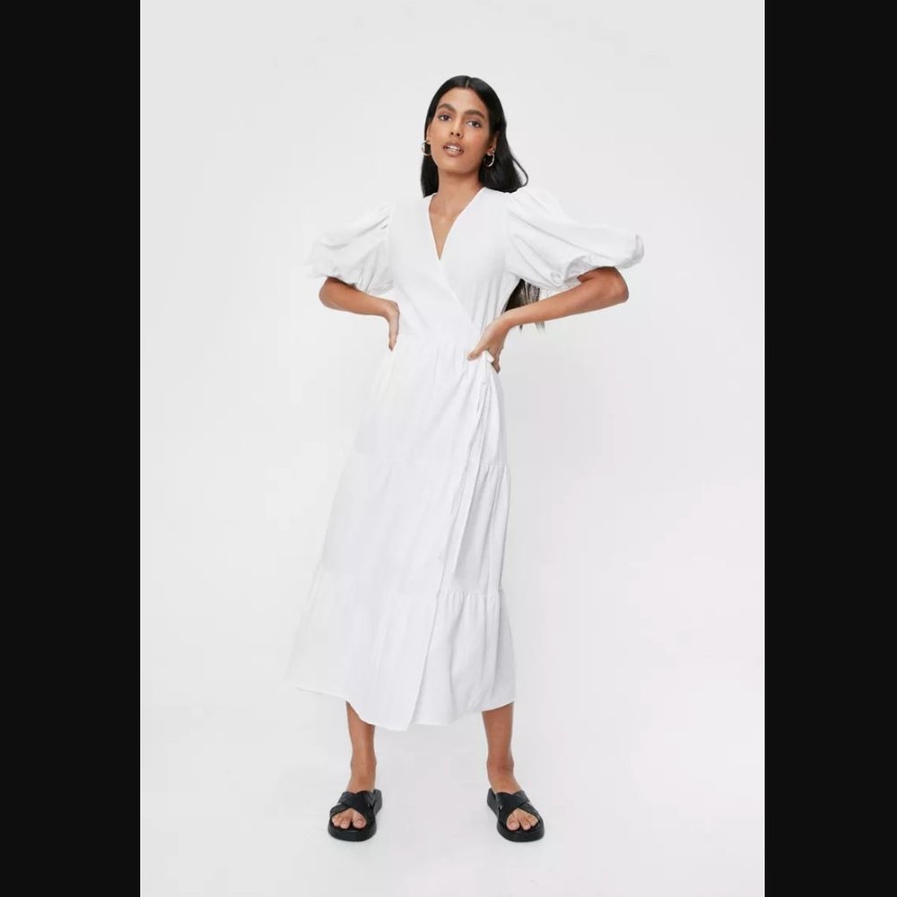 Linen Look Puff Sleeve Wrap Midi Dress sz 8